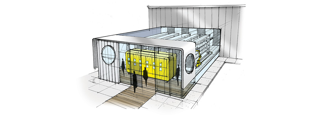 Illustration of a yellow building with a distinct door, highlighting its cheerful and welcoming appearance.