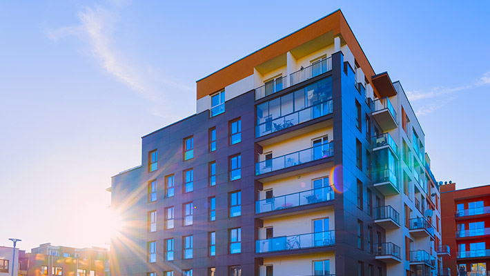 Apartment building at sunset