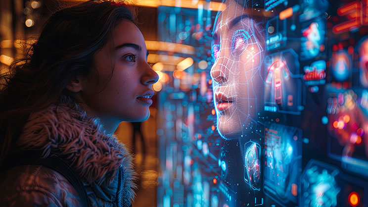 A woman observes a digital screen featuring a close-up image of a face, deep in thought.