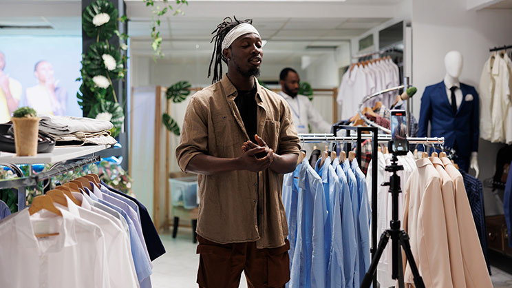 A man poses in front of a clothing rack filled with diverse apparel, highlighting fashion choices for potential customers.