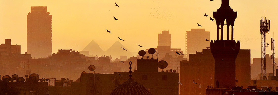 Sunset silhouette of Cairo cityscape with pyramids in background and birds flying.