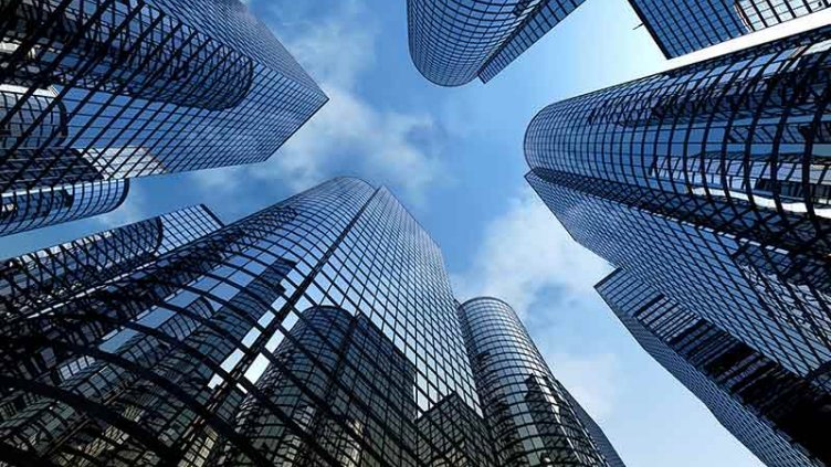 Reflective skyscrapers, business office buildings